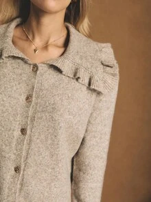 Poéselle Beige Ruffle Collar Knit Cardigan – Soft Button-Up Sweater For Women, Cozy Holiday Must-Have,Women's Casual Commuter Oversized Lapel Front Button Sweater,Premium Ruffle Collar Knit Cardigan – High-Quality Cozy Fall/Winter Holiday Sweater For Women,Cozy Fall And Winter Clothes For Women - Khaki - View 3