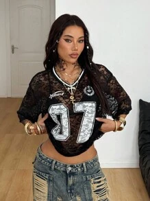 Coolane Women's Summer Festival Going Out  Streetwear Western Wear Game Day Y2K Gyaru Lace Number Pattern Black Oversized Jersey T-Shirt Black Lace Top - Black - View 3