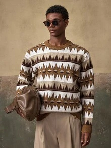 AKNOTIC Business Casual Jersey holgado de estilo callejero con patrón geométrico de bloques de color para hombre, para otoño/invierno - Café integral - Ver 4