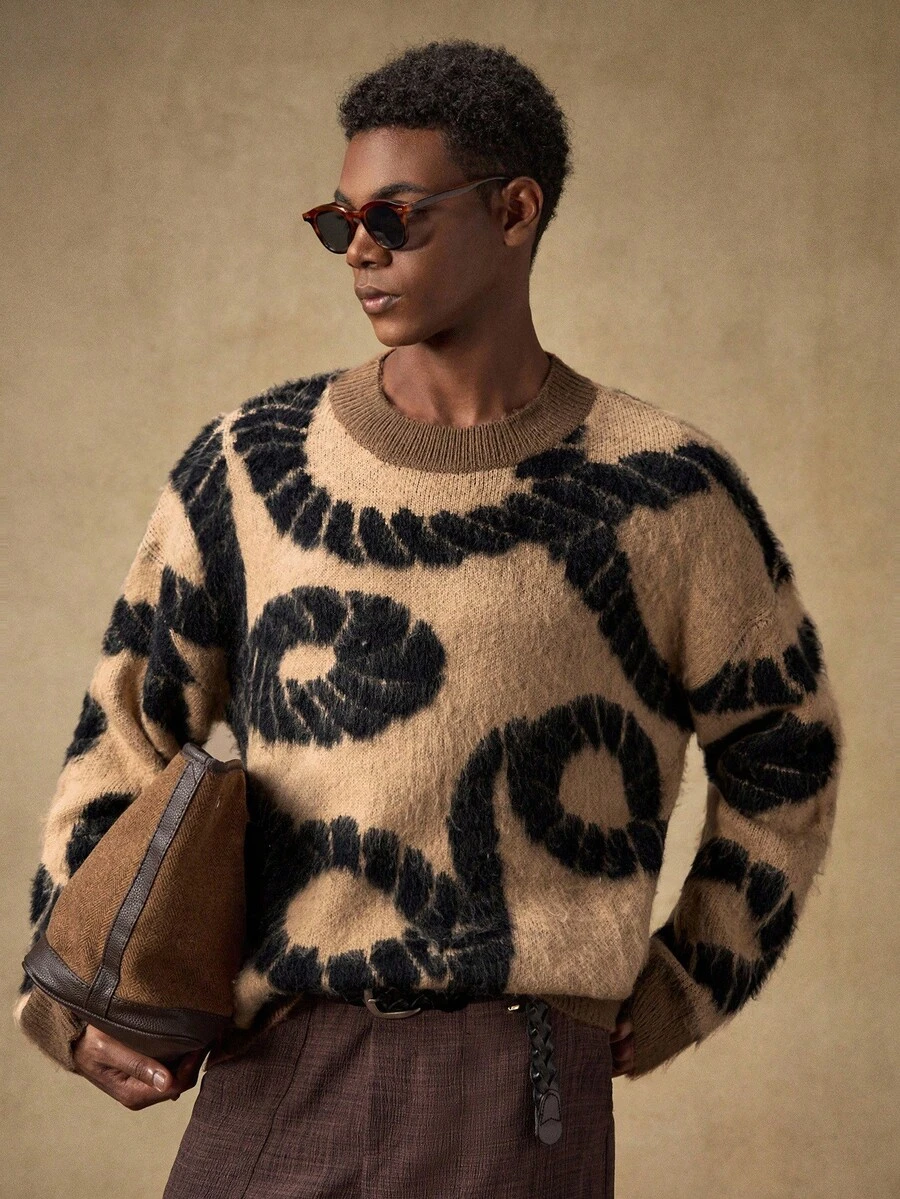 EASEVO Manfinity Brand - Men's New Loose Casual Comfortable Pullover Sweater Men's Knit Floral Men Knit Brown Sweater Men Men's Fall Collection - Coffee Brown - View 1