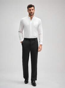 Officeau Men's Wrinkle-Resistant Elastic Business Trousers, Solid Color Straight Leg Slanted Pocket Casual Pants, Daily & Commute Wear, Formal Business, Dress, Fall And Winter, Old Money Men's Dress Pants Spring To Summer - Black - View 4