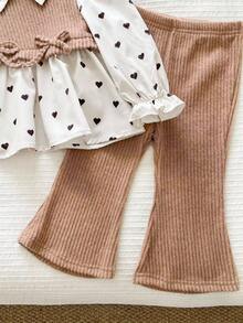 LMoss Kids LMoss 女婴爱心图案针织 Polo 领休闲 T 恤和打底裤两件套，秋季服装，秋季套装，女婴秋季服装，秋季套装，女婴冬季服装 - 彩色 - 查看 4