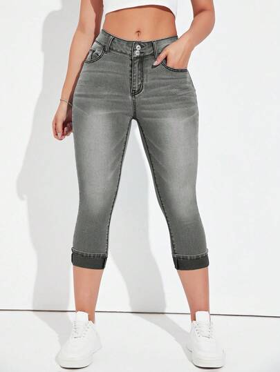 SHEIN ICON Pantalones capri de mezclilla con bolsillos en ángulo lavados para mujer, de verano