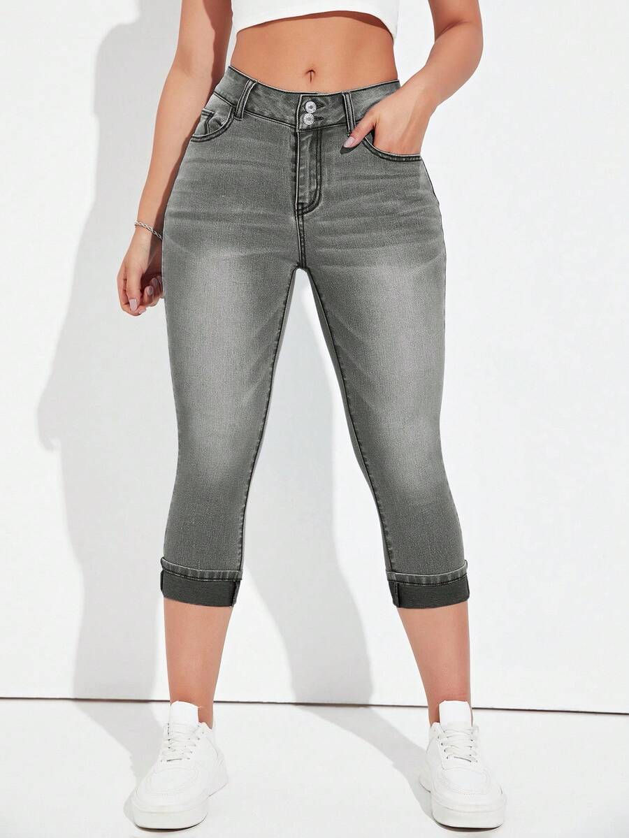 SHEIN ICON Women's Fashion Washed Slant Pocket Denim Capri Pants, Summer