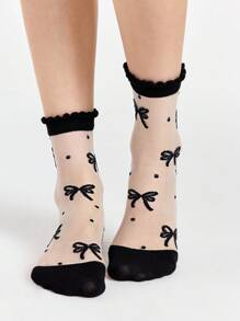 ROMWE Kawaii 2 pares de calcetines de seda con cristal y lazo, calcetines versátiles para mujer hasta la pantorrilla con ribete de encaje