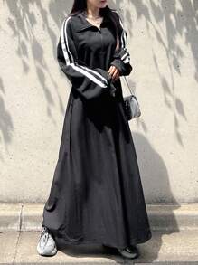 FRIFUL 女式马球领休闲侧条纹宽松长款运动连衣裙 - 黑色 - 查看 3