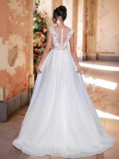 Glamrae Falda de plataforma redonda con encaje bordado francés de lujo y estilo romántico, con diseño de espina de pescado decorativo y bordado, cierre con cremallera y decoración de perlas transparentes en la espalda, falda A-line redonda, vestido de novia, vestido formal, Día de San Valentín