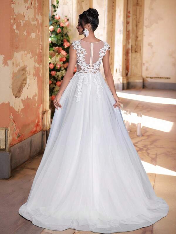 Glamrae Vestido formal blanco con adorno de encaje romántico, cintura con efecto espina de pescado, espalda transparente con cremallera, decoración de perlas, falda de línea A, adecuado para varias ocasiones (Edición de lujo)