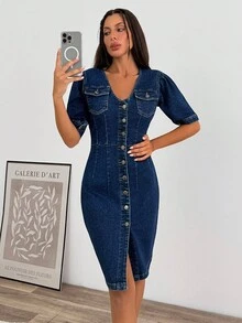 EURMUSE Women's Short Puff Sleeve Single-Breasted Fitted Elegant Denim Dress Long Sleeve Denim Dress Button Down Denim Dress Denim Dress Women Jeans Dress - Dark Wash - View 6