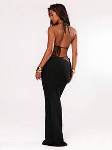 SHEIN BAE Women's Solid Color Halter Sleeveless Knit Top And Skirt 2 Pieces Set In Fall/Winter - Black - View 2