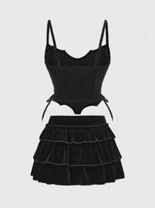 ROMWE Goth 女士时尚朋克交叉肩带上衣和迷你裙两件套 - 黑色 - 查看 2