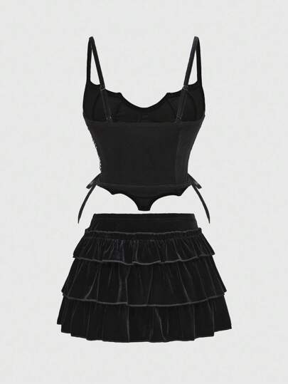 Goth Women's Fashion Punk Cross Strap Top & Mini Skirt 2 Pieces Set