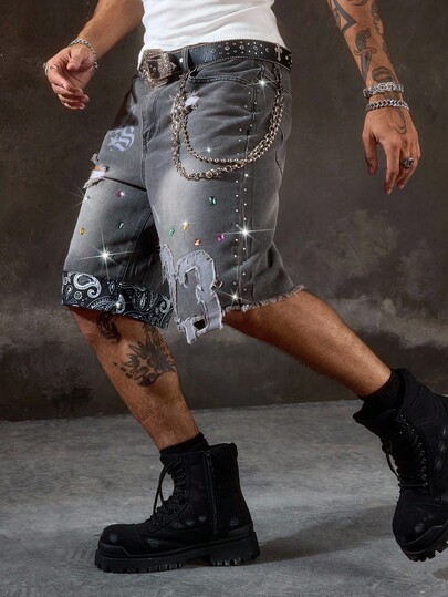 Street Life Short en jean bermuda pour hommes avec patchwork, décoration de strass et motif de noix de cajou
