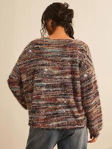 SHEIN LUNE Plus Size Women Casual Brown Sequin Cardigan,Long Sleeve Single-Breasted Knit Tops,Autumn Boho Vacation Fall Winter Business Work Teacher - Multicolor - View 2