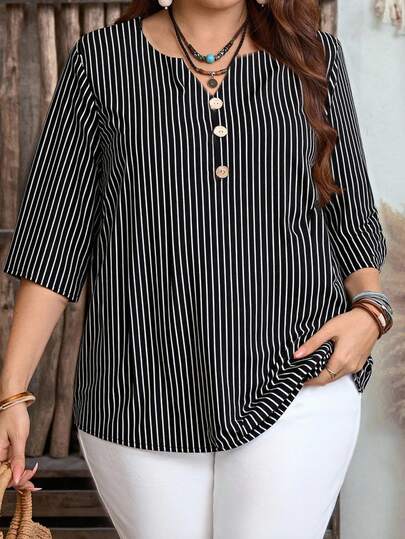 EMERY ROSE Camisa casual de manga corta con botones delanteros, estilo universitario, a rayas en blanco y negro, para mujer de talla grande. Camisa de verano para mujer, estilo campestre de vacaciones, camisa bohemia para mujer.