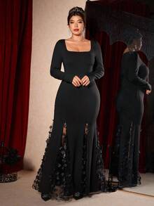 Cravure 大码女式时尚、优雅、浪漫、奢华派对3D提花网纱饰边修身连衣裙 - 黑色 - 查看 5