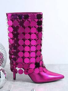 SHUZIA Metallic Faux Leather Knee High Boots - Red Violet - View 3