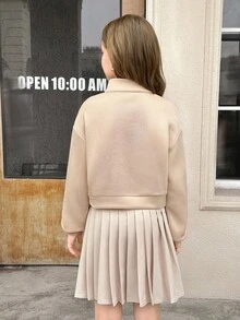 SHEIN 2件套青少年女孩休闲百褶裙和拉链高领上衣套装