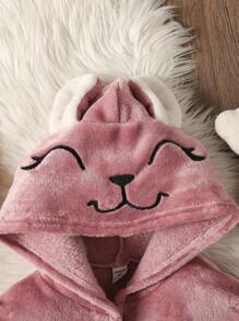 SHEIN 女童卡通刺绣双面羊毛连帽浴袍、女童冬季浴袍、幼儿女童毛绒睡袍 - 粉色 - 查看 3