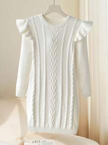 SHEIN Tween Girl Cream White Frill Trim Cable Knit Long Sleeve Sweater Dress - White - View 3