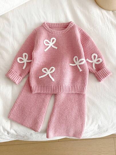 SHEIN Vintaside Kids 女婴时尚百搭可爱休闲蝴蝶结毛衣和针织裤套装 女婴针织套装 粉色女婴服装 针织两件套 女婴针织套装 女婴针织套装 女婴针织两件套 针织女婴套装 女婴冬季服装 女婴秋季服装 女婴秋季套装 粉色蝴蝶结针织两件套 女婴保暖套装 舒适精灵女婴套装