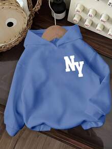 Young Boys Casual Minimalist NY Cartoon Bear Pattern Comfortable Thick Knit Long Sleeve Hoodie Sweatshirt,In Fall/Winter