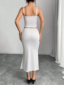 SHEIN ICON 2件套女士波点印花系带吊带背心和半身裙套装 - 白色 - 查看 2