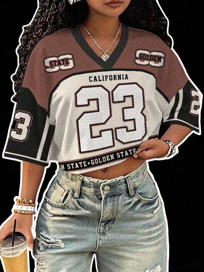 Slaydiva 大码女式 V 领宽松短款 5/6 袖网眼 T 恤，适合夏季、运动活动