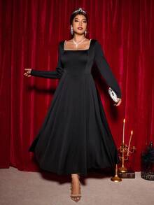 Elenzga Plus Size Women Pearl Decor Square Neck Long Sleeve Elegant Party Dress Fall Cloth For Women - Black - View 5