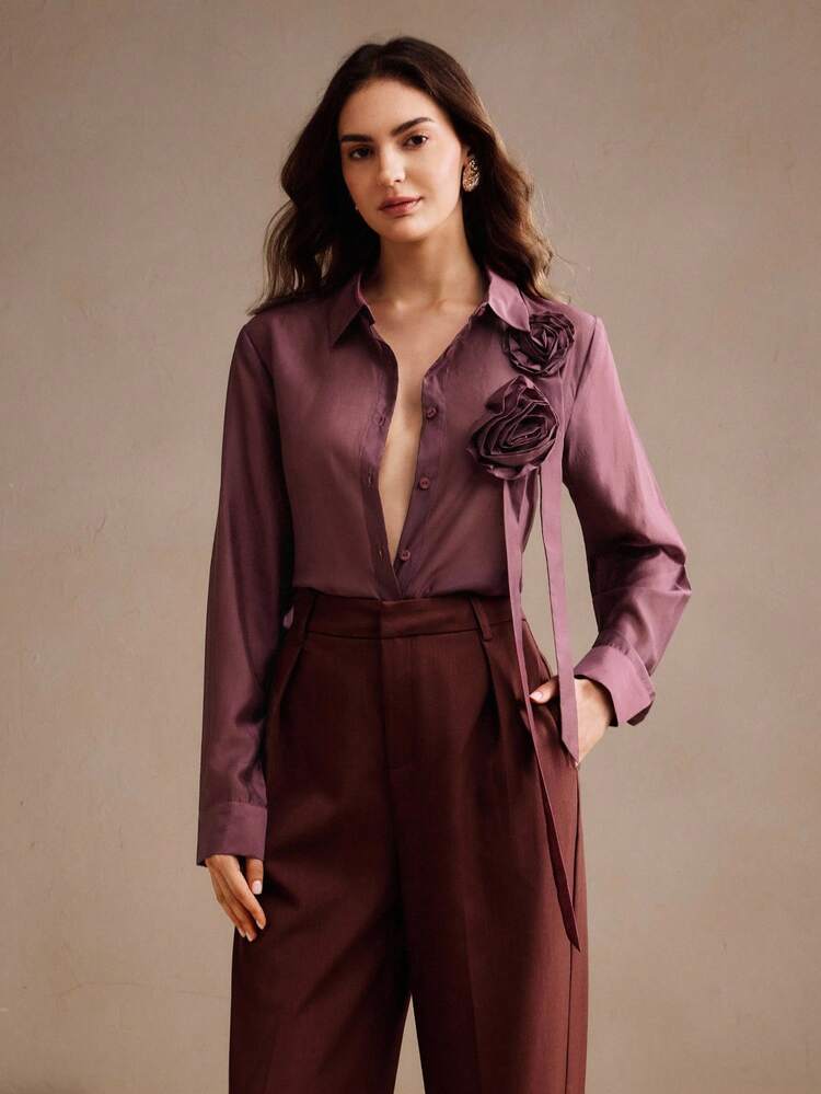 Plus Size Women's Elegant High-Fashion Custom 3D Floral Decor Ribbon Satin Shiny Long Sleeve Blouse, Suitable For Dates, Halloween, Christmas