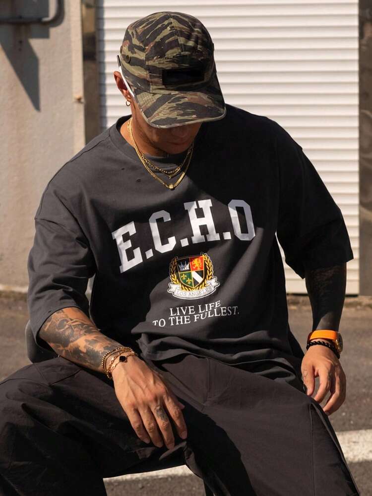 Men's Letter Print Grey Street Style T-Shirt, Autumn