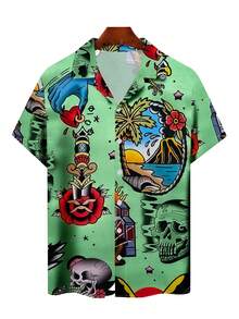 Manfinity RSRT 男士休闲度假骷髅和热带印花短袖衬衫 男士夏威夷衬衫 纽扣衬衫 男士卡通衬衫 纹身衬衫 男士图案夏威夷衬衫 衬衫 - 薄荷綠 - 查看 1