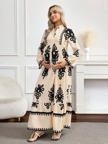 SHEIN Maternity Floral Print V-Neck Flare Sleeve Casual Loose Dress - Multicolor - View 4