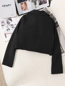 Sparklyn 青少年女孩休闲纯色夹克，适合春秋季节 - 黑色 - 查看 2