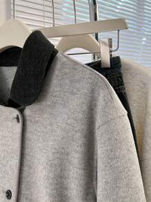 INAWLY Damen Kontrast-Farbblock Kragen Knopfleiste Kurze Lässig Jacke - Grau - Übersicht 4