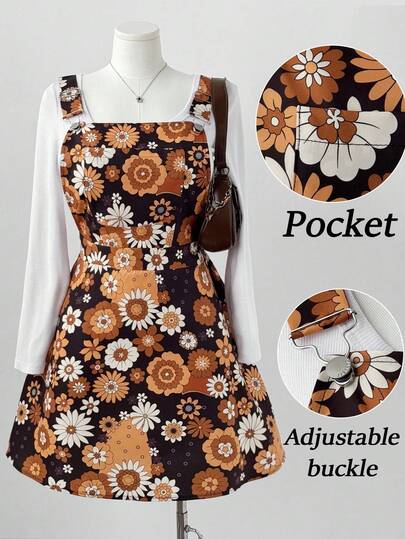 Sweetra Plus Size Pocket Elastic Waist Criss-Cross A-Line Floral Print Elegant Vacation/Party Dress For Women