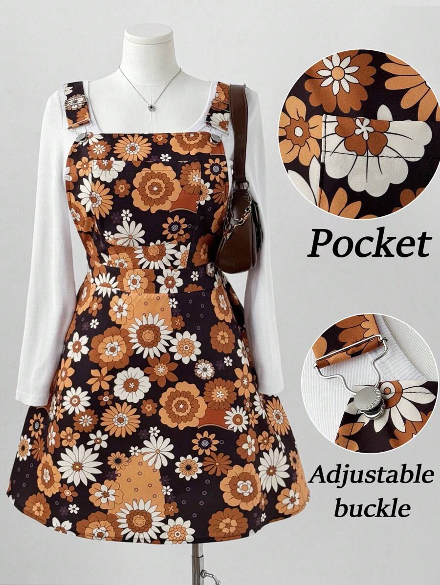 Sweetra Plus Size Pocket Elastic Waist Criss-Cross A-Line Floral Print Elegant Vacation/Party Dress For Women - Multicolor - View 1