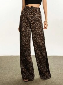 INAWLY Y2K Style Leopard Print Lace Trim Casual Pants Fall Cloth For Women - Multicolor - View 6