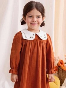 Blossori Baby Girls' French Elegant Colorblock Embroidered Collar Long Sleeve Dress Fall Winter - Multicolor - View 4