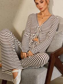 SHEIN Unity New Women's Fashion Casual Khaki Striped Loose Comfortable Home & Party V-Neck Tie-Up Long Sleeve Pants Set Fall Cloth For Women - Multicolor - View 1