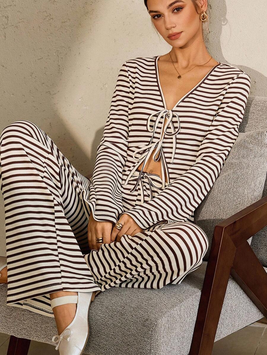 SHEIN Unity New Women's Fashion Casual Khaki Striped Loose Comfortable Home & Party V-Neck Tie-Up Long Sleeve Pants Set Fall Cloth For Women - Multicolor - View 1