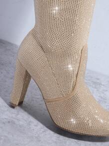 SHUZIA Rhinestone Decor Side Zipper Chunky Boots - Champagne - View 4