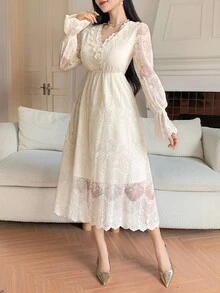 DAZY Women's V-Neck Button Design Ruffle Sleeve Elegant Lace Mid-Length Dress - Beige - View 1