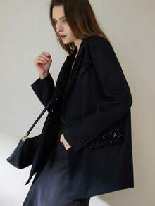 Aveloria Modichic 女士通勤时尚天鹅绒亮片拼接宽松双排扣西装外套，优雅高端休闲外套