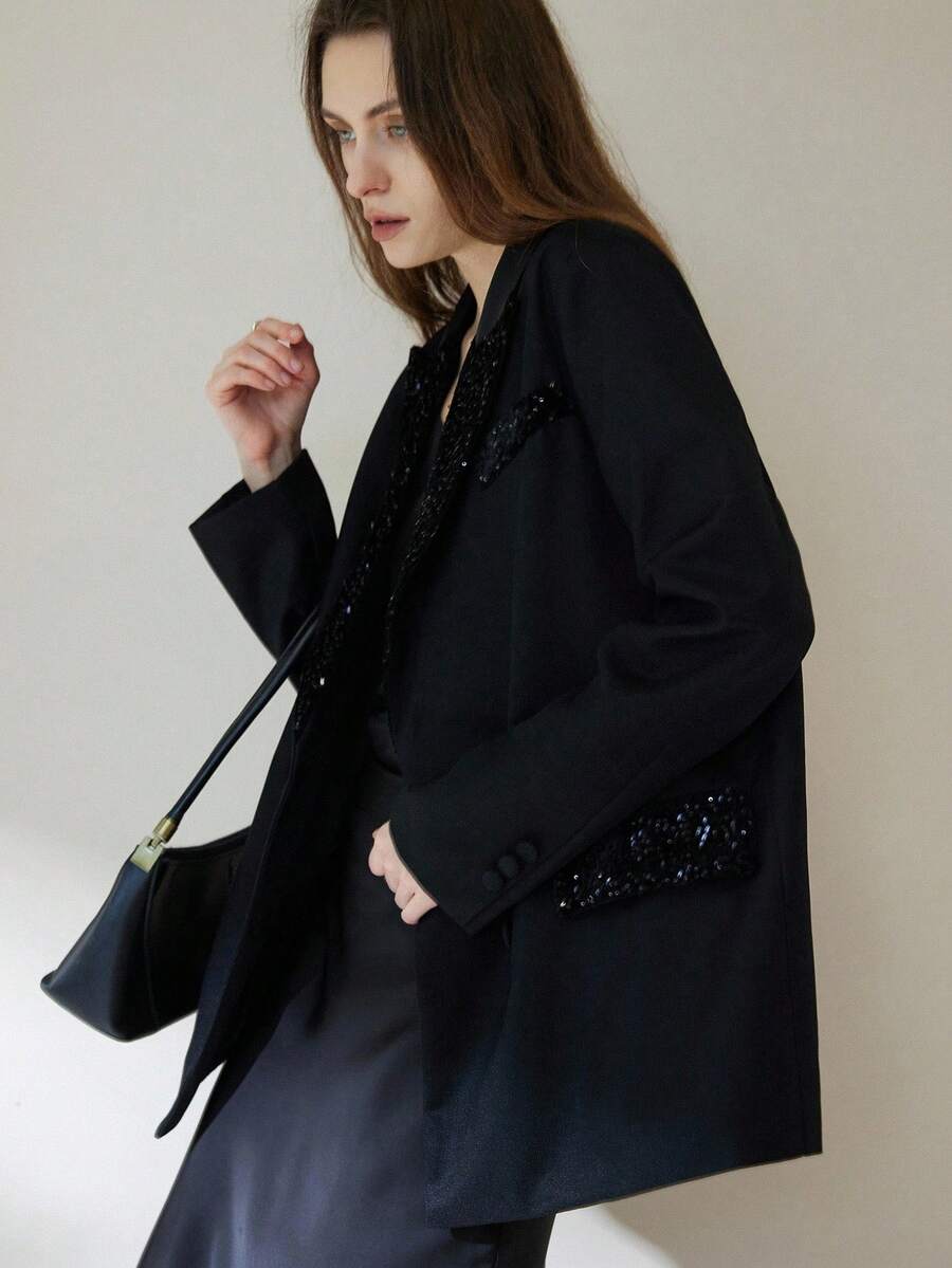 Aveloria Modichic 女士通勤时尚天鹅绒亮片拼接宽松双排扣西装外套，优雅高端休闲外套