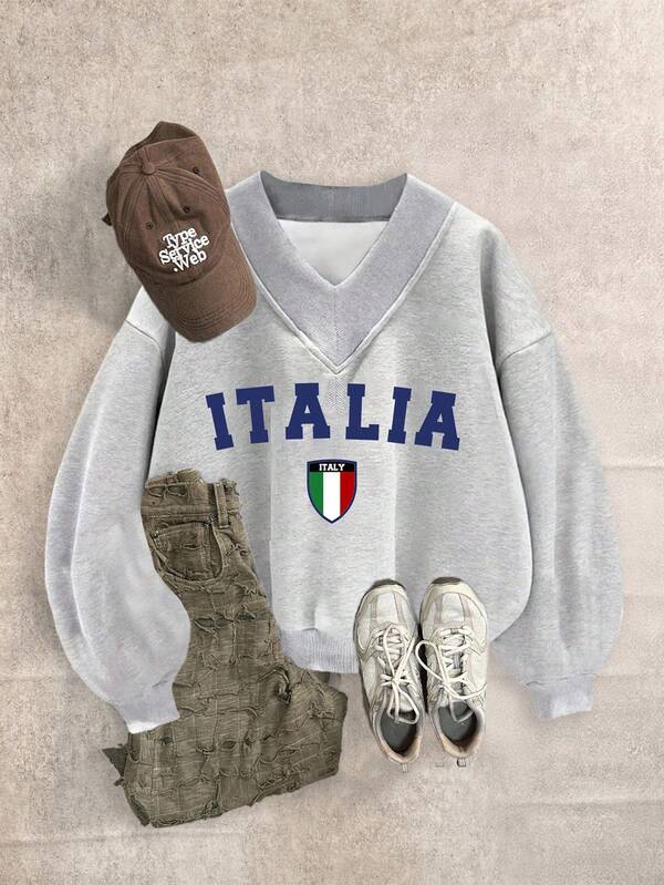 Attitoon Casual Minimalist ITALIA Graphic V-Neck Oversized Loose Sweatshirt For Women, Suitable For Autumn/Winter