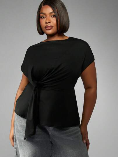 MISSGUIDED PLUS Plus Size Draped Front Twist Detail Short Sleeve Blouse Elegant Side Ruched Office Work Casual Dressy Evening Top