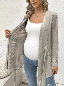 SHEIN Pregnant Women's Solid Color Regular Shoulder Long Sleeve Striped Casual Drawstring Regular Jacket - Khaki - View 7