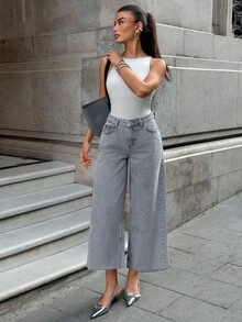 EURMUSE 浅灰色女式高腰牛仔裤 - 淺灰色 - 查看 5