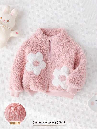 Cozy Pixies Baby Girl Floral 3D Graphic Stand Collar Long Sleeve Half-Zip Fleece Pullover Sweatshirt Fall Winter